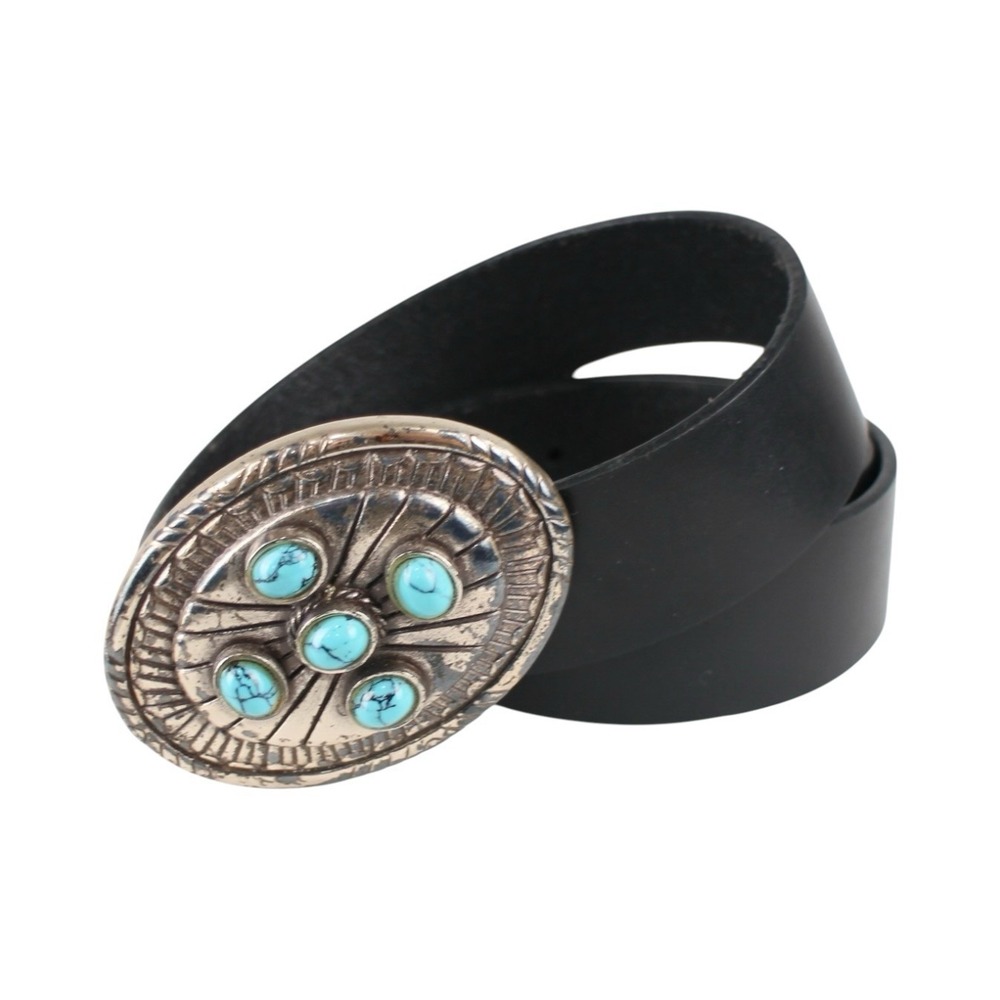 Relativity Black Leather Belt Turquoise Concho Western Silver Buckle Size 34